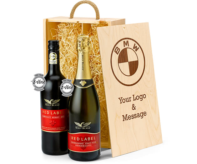 Bespoke Branded Red & Sparkling Wine Gift Box With Engraved Lid
